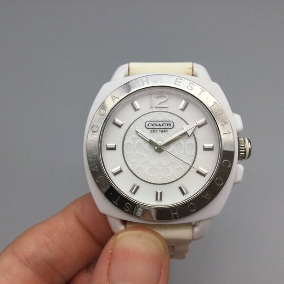 Coach Watch Women 42mm Silver Tone Logo Dial White Band New Battery